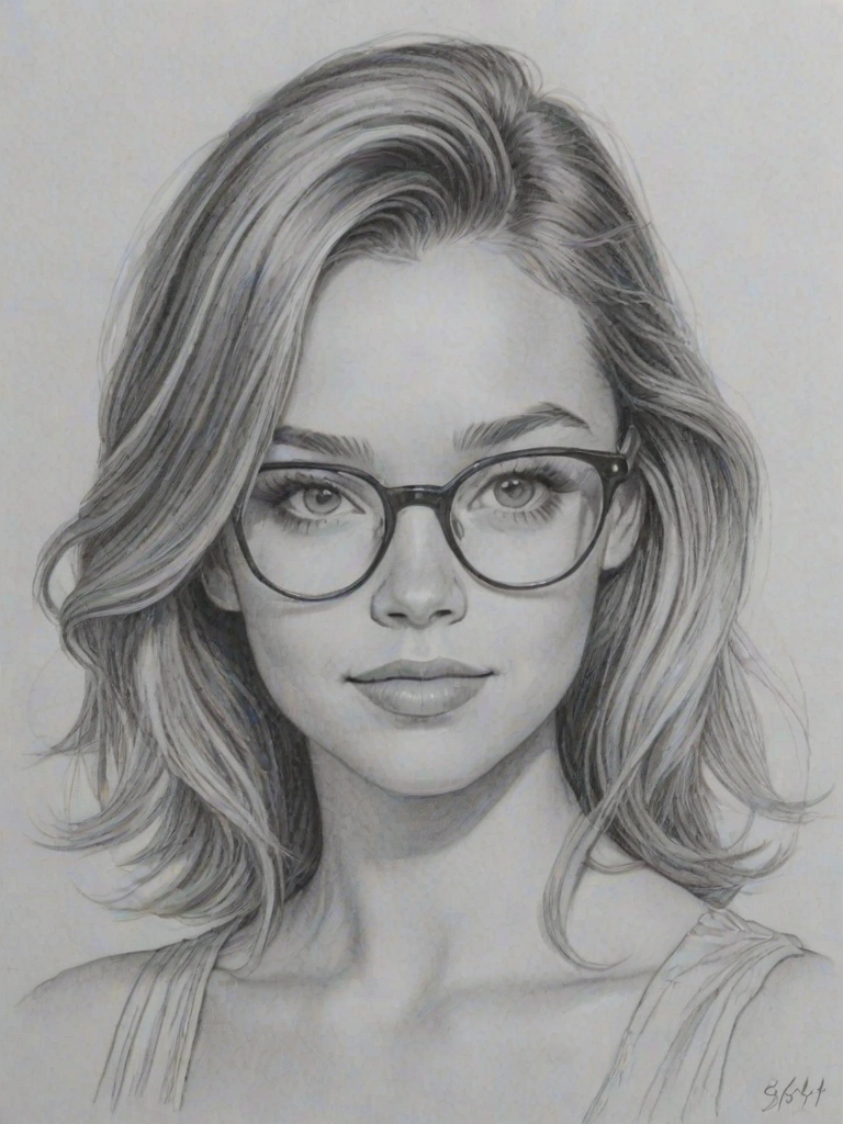 Delightful Sydney Sweeney, pencil sketch, portrait of Gorgeous woman 1961s in glasses, hair style beatnik, outline, clear lines, fine lines, 8k