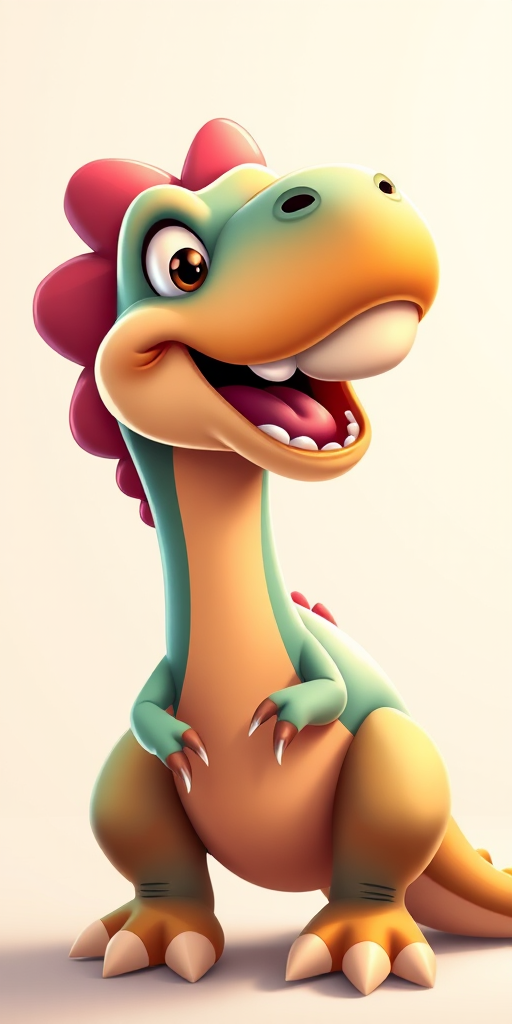 Create a cartoon-style illustration of a dinosaur with a playful expression, capturing vibrant colors, using a Canon EOS 5D Mark IV camera, focal length 50mm, aperture f/8, ISO 100, in a bright, minimalist background with soft lighting.
