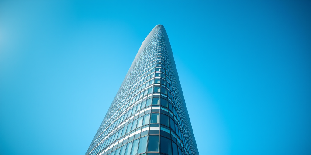 photograph a modern skyscraper with a curved glass facade under a clear blue sky, use a wide-angle lens at 24mm, aperture set to f/8 for sharpness, ISO 100 for high quality, take from a low angle to emphasize the height and curvature of the building