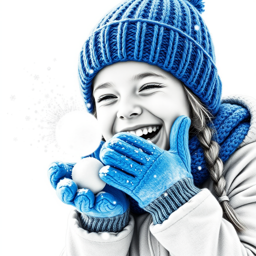 A hyperdetailed photorealistic macro image black and white pencil sketch of a young girl getting hit by a snowball during a snowball fight. She is wearing a brilliant sapphire blue wool beanie and bright blue mittens. She is trying to block the snowball by putting her hands up. The snowball hits her beanie and disintegrates into myriad tiny snowflakes caught with high speed photography. The girl is laughing and having a wonderful time.