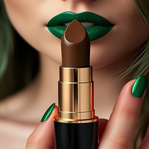 Deep emerald green lipstick "Enchanted Forest" boasting a creamy formula, rich pigmentation, and a satin finish for a daring and unconventional lip color choice