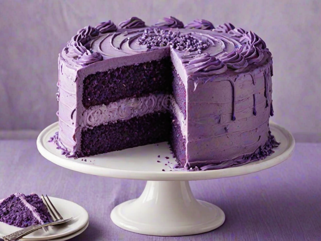 Create an image of a beautifully layered cake with purple frosting. The cake should have smooth white icing on the outside and be decorated with swirls of purple frosting on top. Show the cake sliced to reveal multiple layers of purple cake inside, garnished with purple sprinkles. The setting should be bright and inviting, focusing on the cake as the centerpiece.