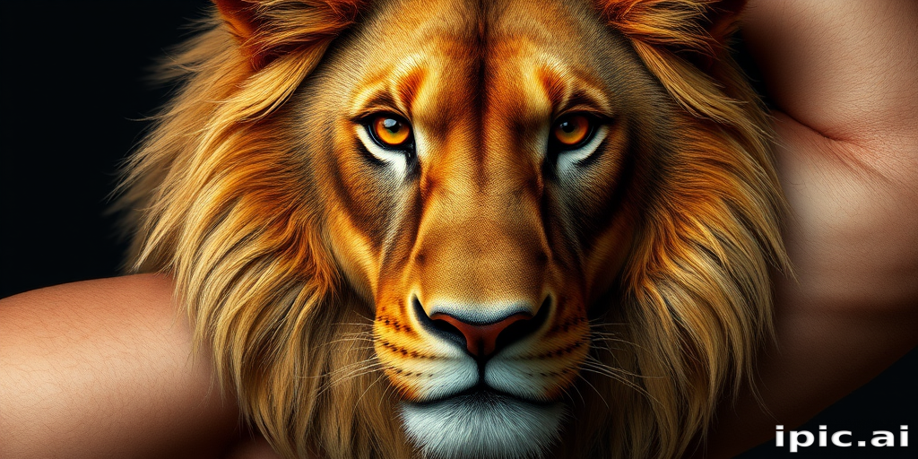Hyper-realistic 3D lion portrait on bicep, mane seemingly alive with movement, piercing amber eyes gazing out, fine details in fur texture