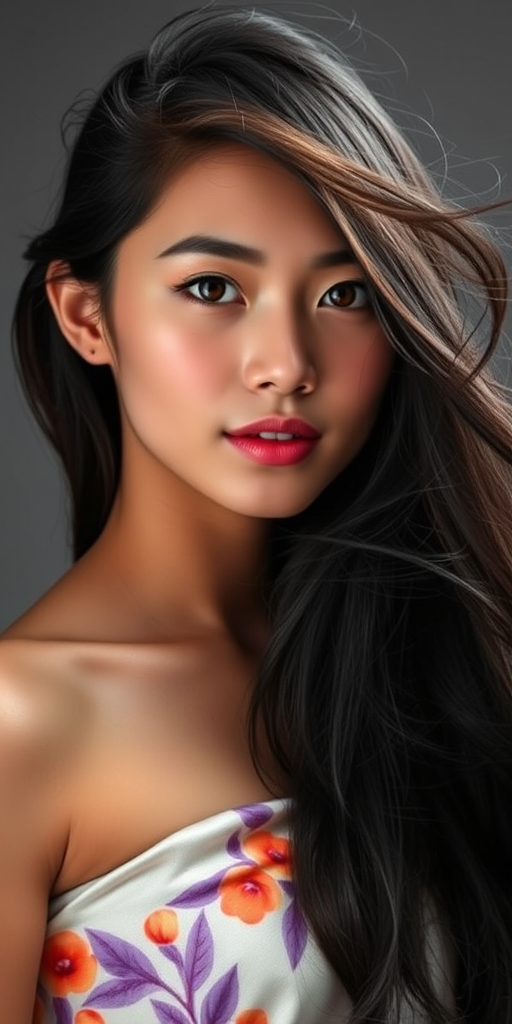 Photographic image of a beautiful young Hmong woman, brown eyes, lips with white lipstick, long hair fluttering in the wind and wearing a silk strapless dress with a soft purple and orange print. monochrome image with only color highlights in the iris of the eyes, lipstick and dress. Gray background.