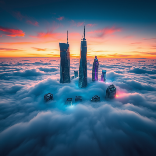 Create a surreal floating cityscape above a vibrant cloud layer during sunset, emphasizing futuristic skyscrapers with neon lights, captured with a Canon EOS R5 at f/8, ISO 100, 24mm lens, wide-angle view, using a long exposure technique to enhance light trails.
