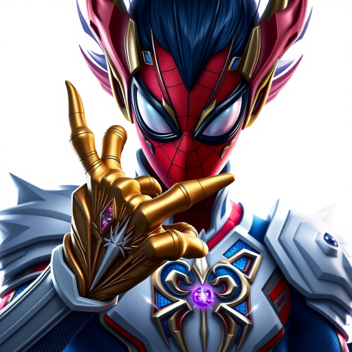 A high-budget, anime-style wallpaper featuring Spiderman in an epic White, blue red Kirin armor. Golden dragon gloves, the gloves is in the shape of dragon heads, Golden dragon head gloves, White glossy eyes, The armor is designed with metallic details that reflect light, showcasing intricate Kirin motifs. Spiderman's armor is a striking gradient of blue, red and white, with Colorful galaxy inner sections, making it look both powerful and sleek. The background is flat white, with Kirin-shaped blue-violet glowing rune relic to give the impression power, striking pose, the Kirin's armor is dominantly in white, with some details in blue and red, Cinematic anime action scene, cinematic action pose, medium shot action portrait, dramatic effect of shadow and light.
