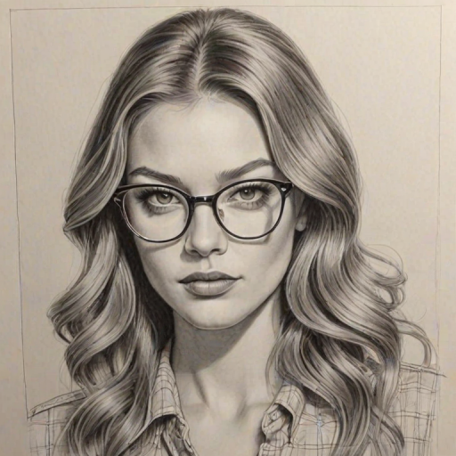 Bewitching Lili Simmons, pencil sketch, portrait of Bewitching woman 1970s in glasses, hair style beatnik, outline, clear lines, fine lines, 8k
