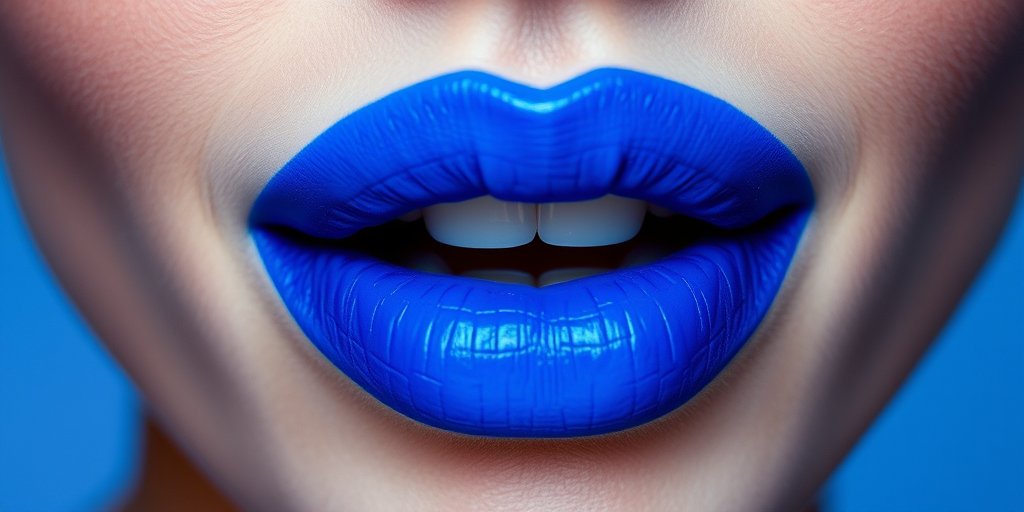 Electric blue lips with a matte finish, daring and avant-garde, pushing the boundaries of conventional beauty with their bold and artistic statement