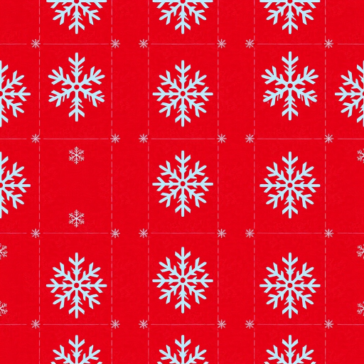 Create a seamless pattern featuring a grid of red squares with white snowflakes, shot with a DSLR camera at f/8 aperture, ISO 200, 50mm lens, overhead view, in high resolution.