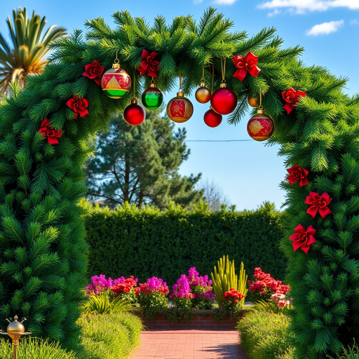 Create an image of a beautifully decorated outdoor archway surrounded by lush greenery. The archway should be adorned with colorful Christmas ornaments in red, green, and gold, hanging from pine branches above. The background should feature a well-manicured garden with vibrant plants under a clear blue sky.