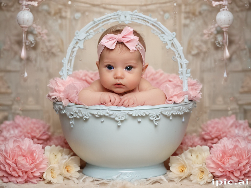 Adorable Baby Girl in a Floral Basket Surrounded by Soft Pink Flowers