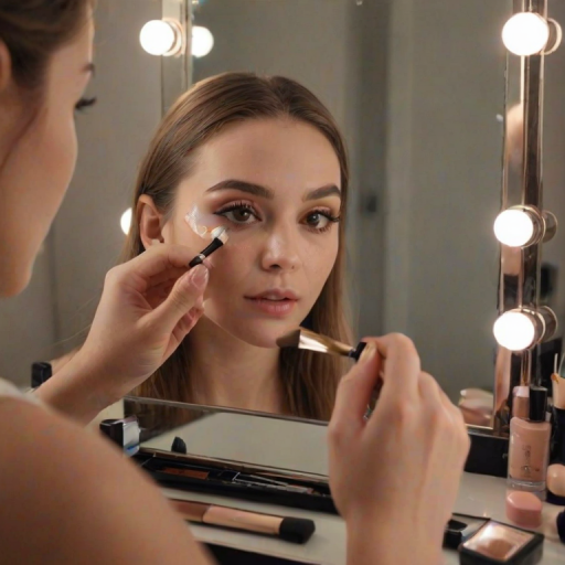 Close-up of a woman’s hand delicately applying makeup in front of a mirror, soft light illuminating her features, with makeup products scattered around her on the vanity.