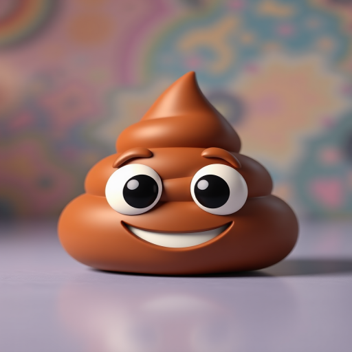 Create a 3D cartoon-style illustration of a smiling poop emoji with large cartoon eyes centered in the frame, lit with soft diffuse lighting, using a Canon EOS R5, with a 50mm lens at f/1.8, ISO 100, and a shallow depth of field for a vibrant background.