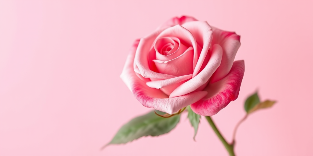 create a high-resolution digital illustration of a single rose with a minimalist design on a pastel pink background, use a Canon EOS R5 with a 50mm f/1.2 lens, aperture set to f/2.8, ISO 100, and a soft-focus effect to enhance depth and detail in the petals and leaves