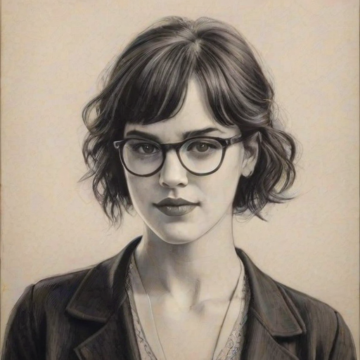 Appealing Jessica Brown Findlay, pencil sketch, portrait of Appealing woman 1923s in glasses, hair style beatnik, outline, clear lines, fine lines, 8k