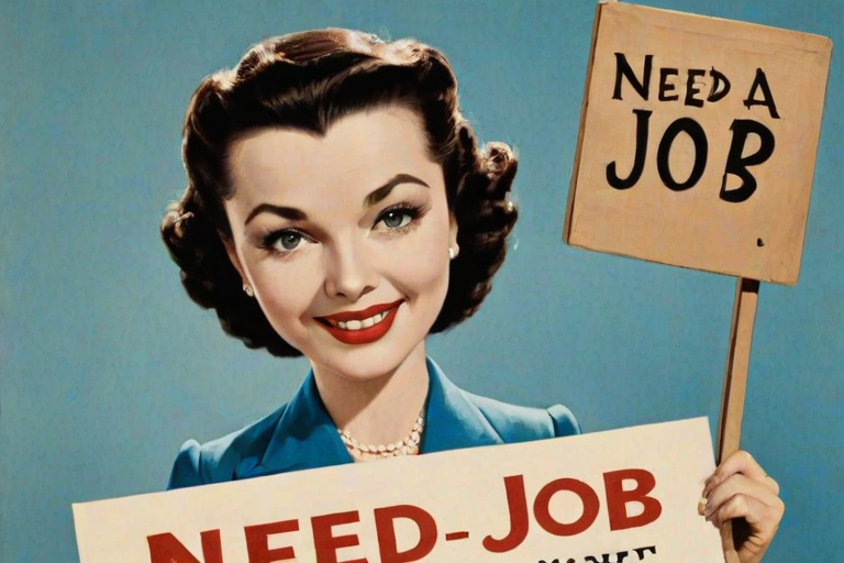 caricature of a smiling Vivien Leigh in a Cerulean dress or suit, holding up a sign that says "NEED A JOB", no watermark,