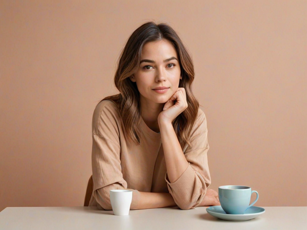 create a minimalist line drawing of a woman with medium-length hair resting her chin on her hand while sitting at a table with a coffee cup in front of her, with a soft color background.