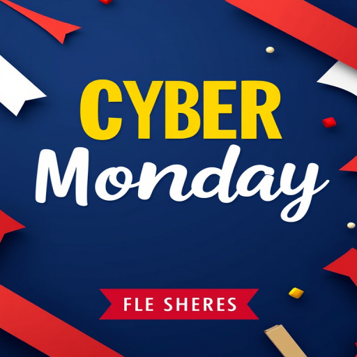 Create a colorful digital graphic for Cyber Monday featuring bold yellow text on a dark blue background with white and red banners, using a high-resolution setting, wide-angle view, flat lay style, and digital artwork type.