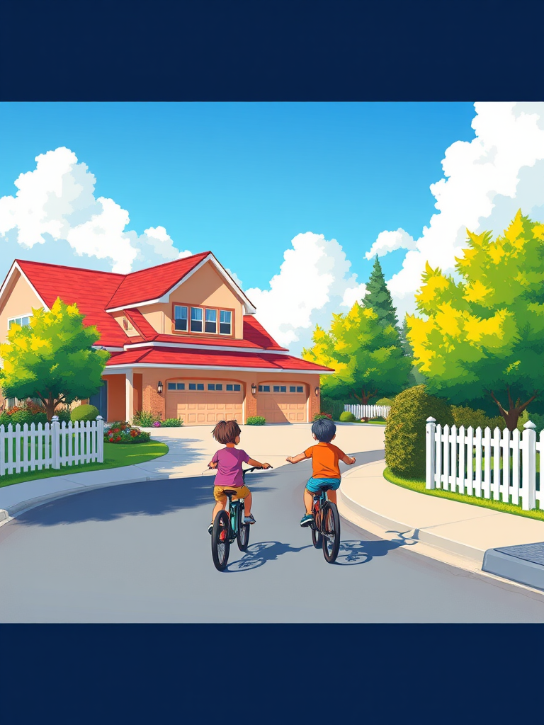create a colorful illustration of a suburban scene featuring two children riding bicycles past a large house with a red roof and a garage, the setting is bright and sunny with a clear blue sky and fluffy clouds, use a vibrant color palette, camera view should be a wide-angle perspective, camera type should be digital illustration, camera settings should enhance saturation and clarity for a sharp, vivid look, include lush green trees and a white picket fence along the street