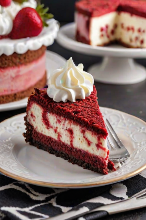 Generate an image of a slice of red velvet cheesecake on a white plate. The cheesecake has a smooth, creamy texture with a layer of rich red velvet cake at the bottom. It's topped with a fluffy layer of whipped cream and sprinkled with red velvet cake crumbs. The background features a decorative black and white patterned cloth. A whole cheesecake is visible in the background, showcasing its creamy filling and whipped cream topping.