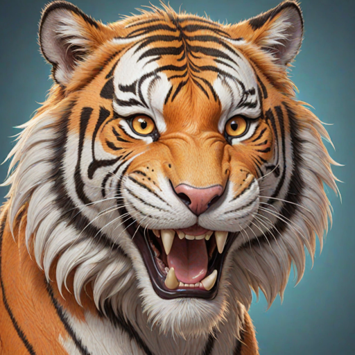 Disney style, cartoon illustration of an orange and white tiger with messy hair smiling very wide open mouth showing, in the Disney Pixar animation style, in the style of Don Bluth, full teeth body, with a very detailed face, very detailed eyes, very detailed fur, full color, very colorful, with a very colorful background, soft pastel colors, high resolution, high quality, high detail, hyper realistic