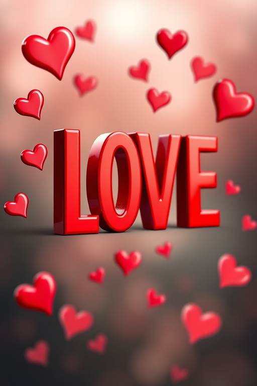 Create a vibrant graphic of the word "LOVE" in bold, glossy red letters with 3D effects, surrounded by floating heart shapes, using a Canon EOS R5, aperture f/2.8, ISO 100, 50mm macro lens, with a soft focus background to enhance the foreground elements.