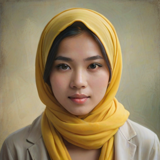 Create a portrait of a young Singaporean woman with long, dark hair and captivating hazel eyes. She is wearing a Yellow headscarf and a matching scarf draped gracefully around her neck. The background is softly blurred, focusing attention on her serene and natural expression. The overall color palette is muted and warm, enhancing the intimate and authentic feel of the portrait.