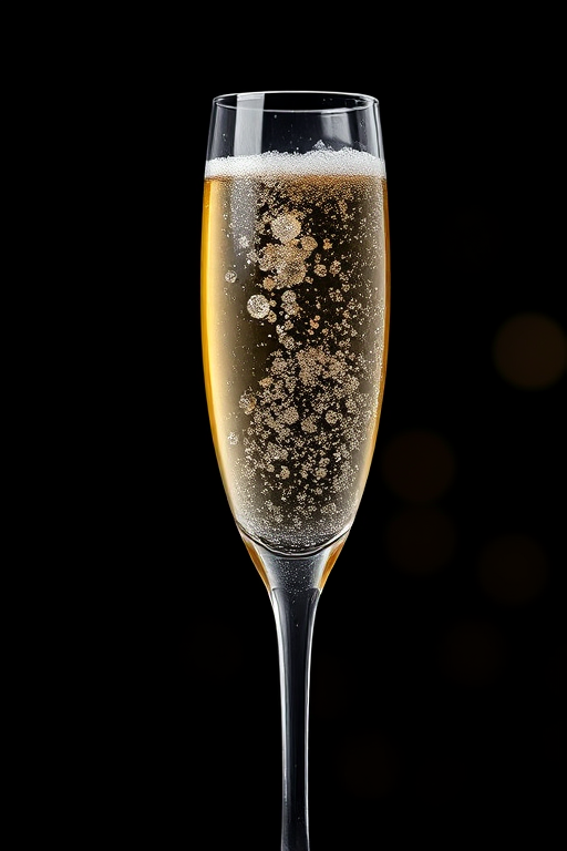 Champagne glass with sparkling bubbles against a black background, bokeh lights effect, shallow depth of field, ISO 100, f/2.8, 1/125s, 50mm lens, DSLR camera, high dynamic range.
