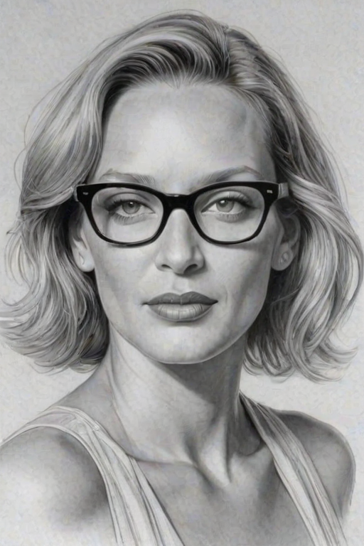 Dazzling Uma Thurman, pencil sketch, portrait of Charming woman 1931s in glasses, hair style beatnik, outline, clear lines, fine lines, 8k
