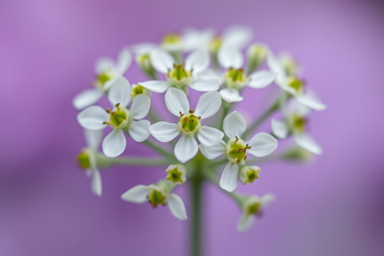 A close-up shot of delicate white flowers with green centers against a soft purple backdrop, captured with a Canon EOS R5, 50mm lens, f/1.8 aperture, 1/200 sec shutter speed, ISO 100, using a bokeh style for enhanced depth of field.