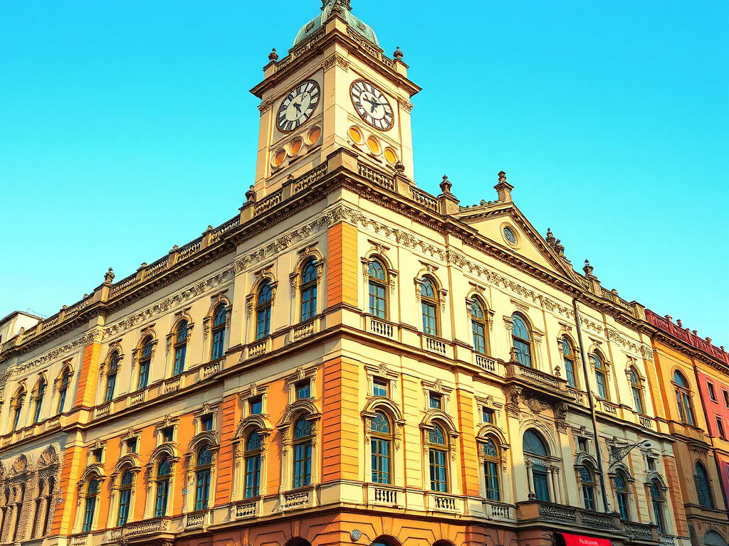 Create a highly detailed digital illustration of a historical building with a prominent clock tower, capturing intricate architectural features, in bright colors, using a Canon EOS R5, 24mm f/1.4 lens, f/8 aperture, 1/125 sec shutter speed, and HDR mode for enhanced contrast and depth.