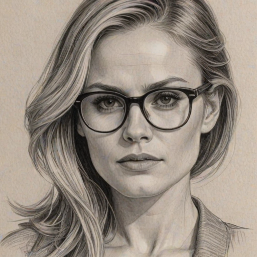 Comely Anna Paquin, pencil sketch, portrait of Sublime woman 1971s in glasses, hair style beatnik, outline, clear lines, fine lines, 8k