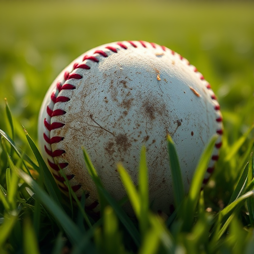 A close-up of a dirty baseball resting on lush green grass with a shallow depth of field, f/2.8 aperture, 85mm lens, ISO 100, natural sunlight, taken with a DSLR camera from a low angle to emphasize texture and detail.