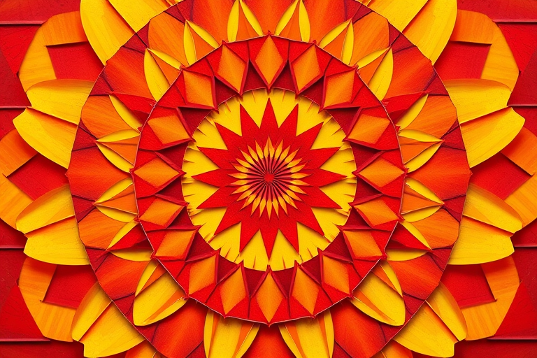 Create a vibrant geometric pattern with intricate layers of red, yellow, and orange shapes forming a spiral design, using a DSLR camera with a 50mm lens, aperture set to f/2.8, ISO 100, shot from a top-down view.