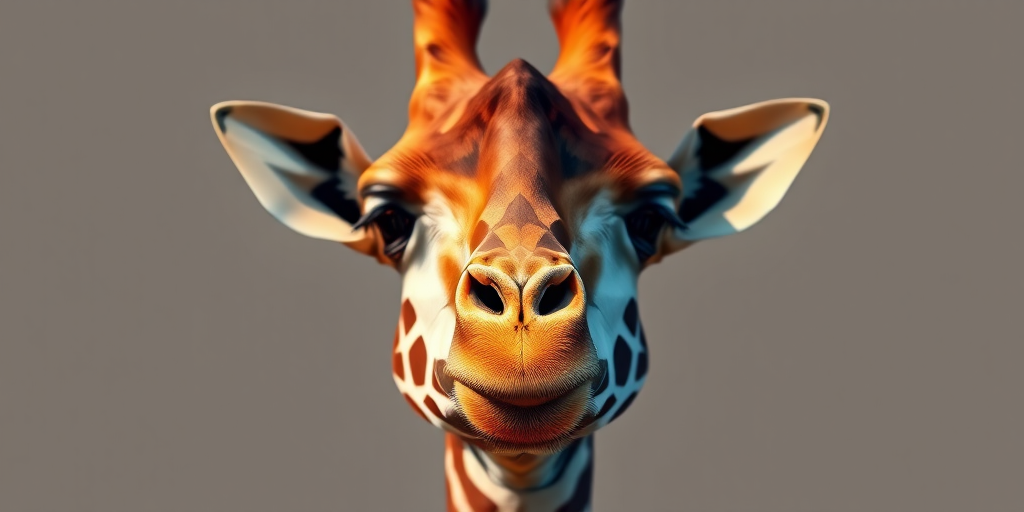 Create a high-resolution polygonal art image of a giraffe's head, focusing on vibrant colors and sharp geometric shapes, using a Canon EOS R5 with a 50mm lens, aperture set to f/1.8, ISO 200, and a 1/1000s shutter speed, captured from a slight low angle for a dramatic perspective.