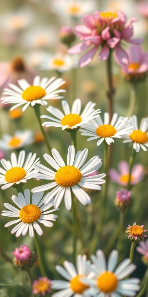 Create a detailed illustration of wildflowers including white daisies and pink clover, using a macro lens effect, f/2.8 aperture, 50mm focal length, soft focus background for depth, and vibrant colors to enhance the natural beauty of the flowers.