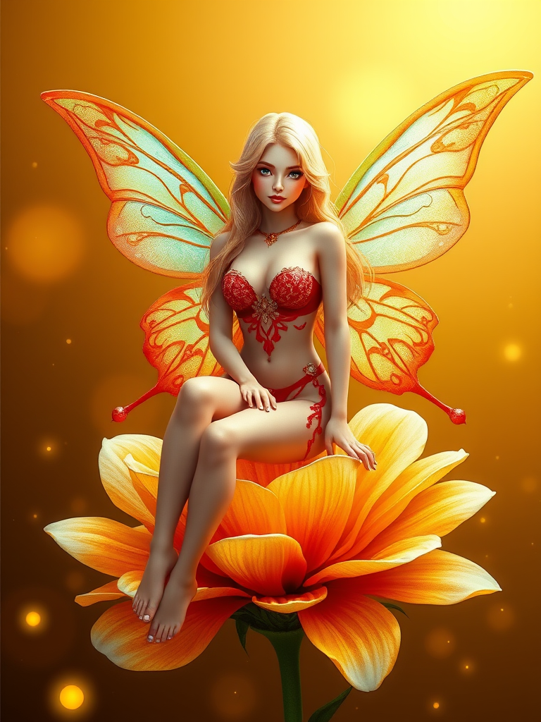 A digital artwork features a winged fairy with delicate Seafoam butterfly wings, adorned with intricate Cerise andCanary patterns. She is seated on a vibrant Electric flower, wearing a revealing red two-piece outfit with sparkling beadwork. Her fair skin, long blonde hair, and gold jewelry add to her ethereal appearance. The background is a warm, golden gradient, creating a magical atmosphere. Small glowing orbs and sparkles surround the flower, enhancing the enchanting, highly detailed, and realistic scene.