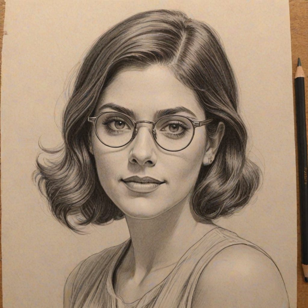 Charming Cecily Strong, pencil sketch, portrait of Attractive woman 1932s in glasses, hair style beatnik, outline, clear lines, fine lines, 8k