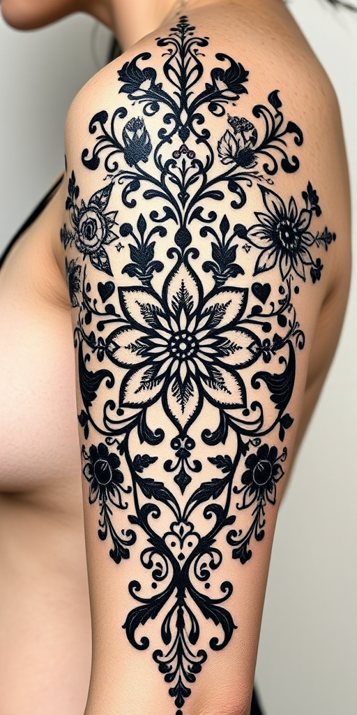 Ornamental blackwork tattoo titled "Lace Elegance" showcasing intricate floral and paisley patterns inspired by delicate lacework and filigree designs with solid black ink filling negative spaces to create a bold contrast against the skin incorporating symmetry and repetition to form a cohesive and visually stunning piece that mimics the appearance of jewelry or fabric on the body