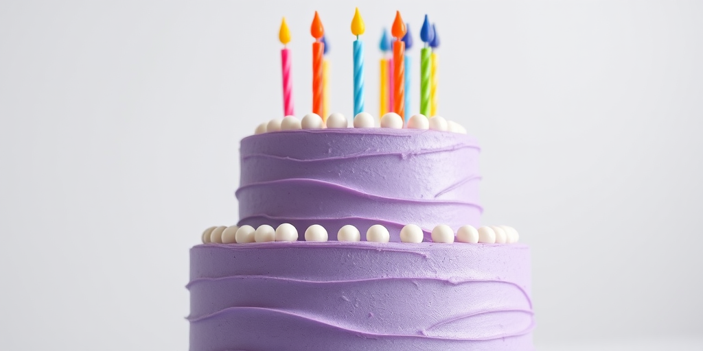 Create a three-tiered purple cake with smooth frosting, adorned with white pearls and colorful candles on top, captured with a DSLR camera using a 50mm lens at f/2.8, ISO 100, in a bright studio setting with soft diffused lighting.