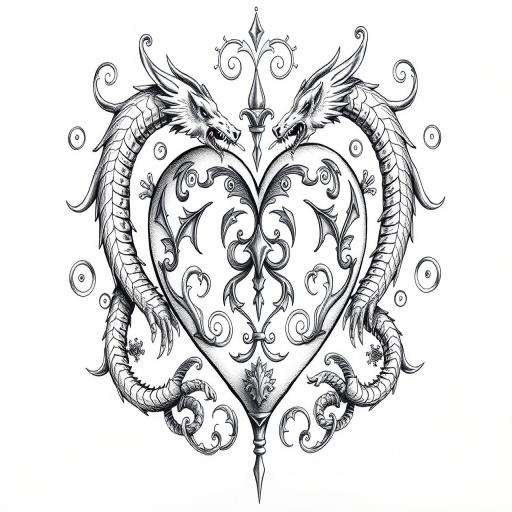 Create a detailed illustration of a heart surrounded by intricate swirls and dragon motifs, captured in high resolution with a DSLR camera set to f/2.8 aperture, ISO 100, and a focal length of 50mm, using a soft focus style to enhance the texture and depth of the design.