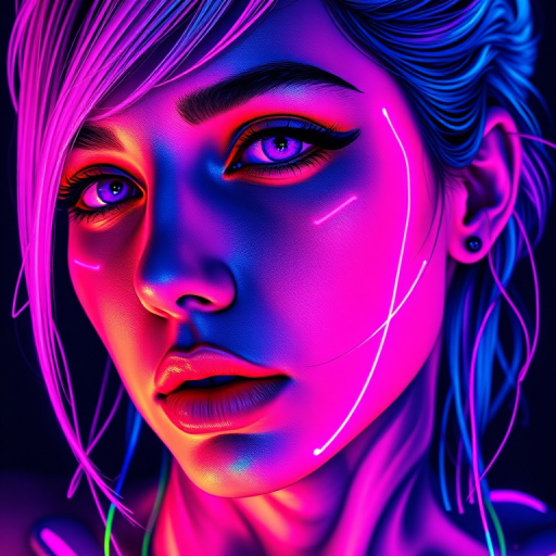 Vivid neon color realism tattoo named "Electric Dreams" depicting a hyper-realistic portrait infused with striking streaks of fluorescent pink blue and green creating a surreal cyberpunk aesthetic ultra-fine detail in the facial features contrasts with bold neon elements that seem to glow against the skin