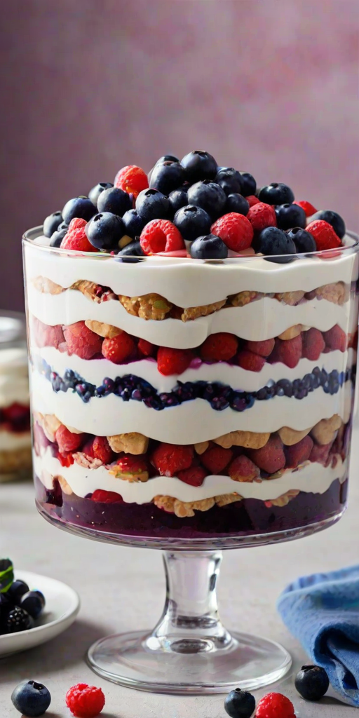 Create an enticing dessert image featuring a layered trifle with creamy layers, fresh blueberries, and a glossy berry sauce. The trifle should be presented in a clear glass dish, showcasing the vibrant colors and textures. Include a spoonful of the dessert being lifted out, with some blueberries cascading down. The background should be softly blurred to keep the focus on the trifle.
