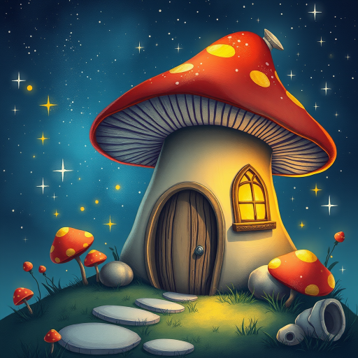 generate illustration of a mushroom house with a door and a window, a storybook , fantasy art, mushroom house, bg starry sky, sparkles
