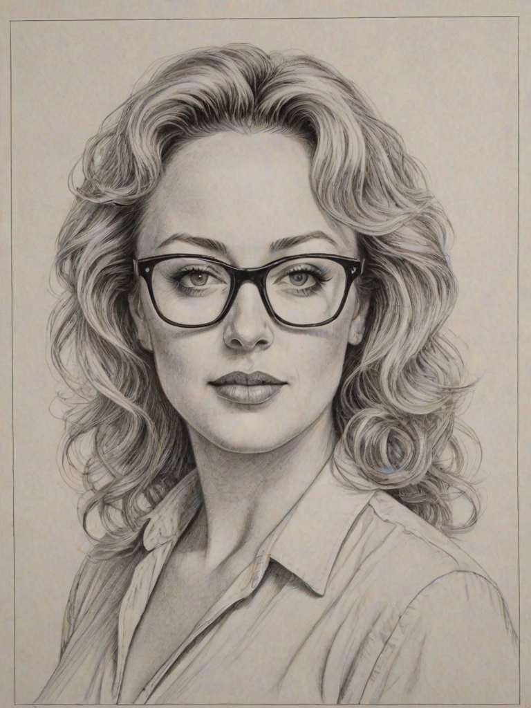 Appealing Virginia Madsen, pencil sketch, portrait of Gorgeous woman 1975s in glasses, hair style beatnik, outline, clear lines, fine lines, 8k