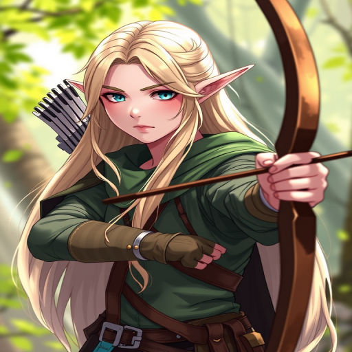 Create a high-resolution illustration of an elven archer with long blonde hair, wearing a green outfit and holding a bow, shot with a DSLR camera, using a 50mm lens at f/2.8, 1/200s exposure, ISO 200, in a soft natural light setting, and a slightly blurred background to enhance focus on the character.