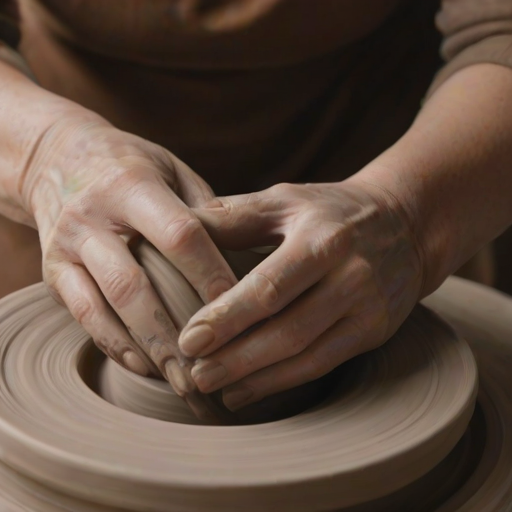 Close-up of a woman’s hands sculpting clay on a pottery wheel, with a focused expression, soft light highlighting the texture of the clay and the artistic process.