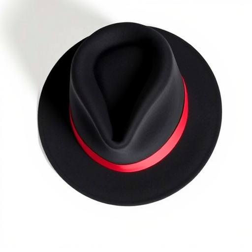 Create a high-quality vector image of a black fedora hat with a red band, using a Canon EOS 5D Mark IV, f/2.8 aperture, 50mm lens, natural lighting, slight overhead view, minimalist background to enhance focus on the hat.