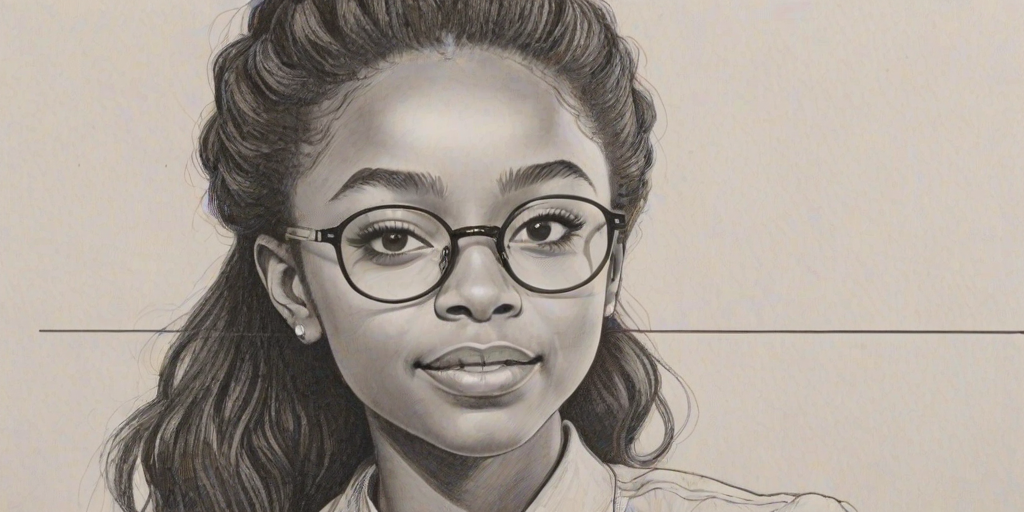 Radiant Skai Jackson, pencil sketch, portrait of Radiant woman 1974s in glasses, hair style beatnik, outline, clear lines, fine lines, 8k