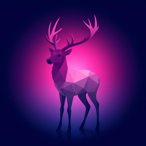Create a high-resolution geometric illustration of a deer silhouette with a gradient color scheme from pink to blue, using a DSLR camera with a 50mm lens, aperture f/2.8, ISO 100, in a close-up view to enhance details and clarity.